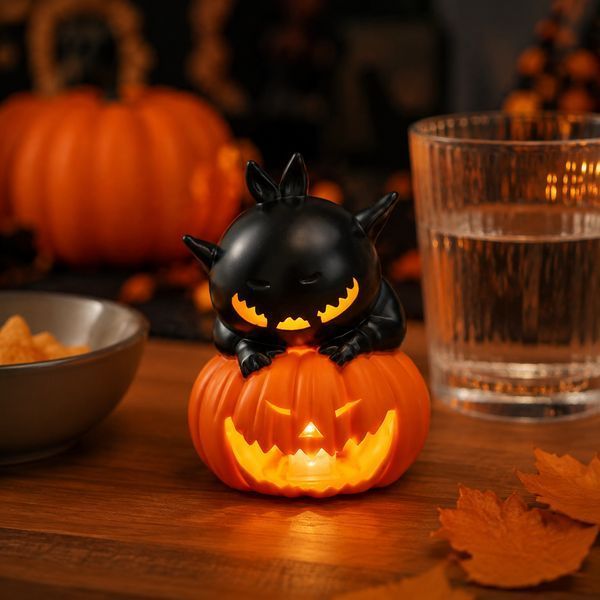 Світлодіодний світильник гарбуз з котом, на Хелловін, LED, 10 см, Помаранчевий / Нічник Хелловін / Світильник Кіт на гарбузі 234639882 фото