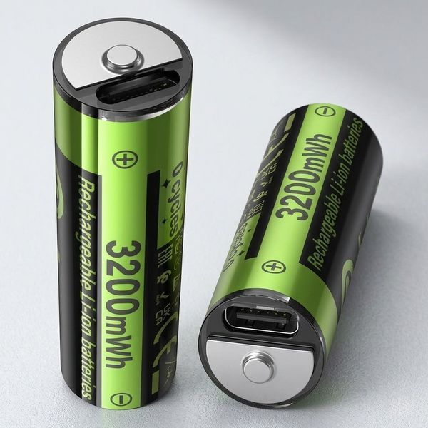 2 шт Акумулятор Li-Ion, AA, 860mAh, 1.5V, USB-C, HOCO JA3, Зелений / Батарейка літій-іонна / Пальчиковий акумулятор 234585737 фото
