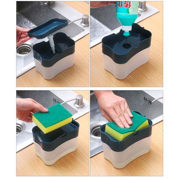 Дозатор для миючого засобу, 380 мл, з підставкою для губки Soap Pump Sponge Caddy / Диспенсер натискний для мила / Органайзер для мочалок з дозатором мила 234569158 фото