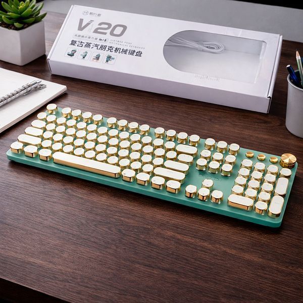 Бездротова механічна клавіатура з RGB підсвіткою V20 / Акумуляторна клавіатура з круглими ретро-клавішами / Стімпанк 234592255 фото