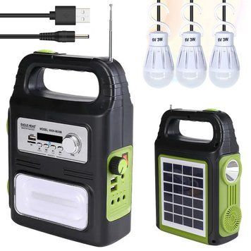 Ліхтар з сонячною панеллю та радіо + 3 лампочки, PowerBank, 24 LED, WXH-9038B / Портативна сонячна станція / Переносний ліхтар для кемпінгу 234567956 фото