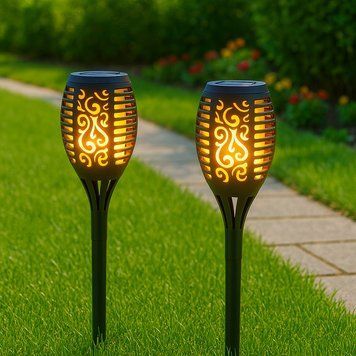Набір 2шт Садовий ліхтар 52см, на сонячній батареї Solar flame / Декоративна лампа з ефектом полум'я 234561204+234561204 фото