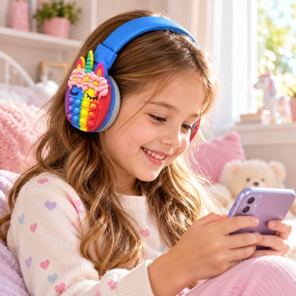 Навушники бездротові з поп іт Єдиноріг, 200 мАч, Bluetooth, USB, Сині / Дитячі навушники / Блютуз навушники / Накладні навушники 234566547 фото