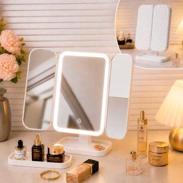 Косметичне дзеркало з LED підсвічуванням, від USB, 3 режими, XR 3300, Біле / Потрійне дзеркало для макіяжу / Настільне дзеркало 234593527 фото