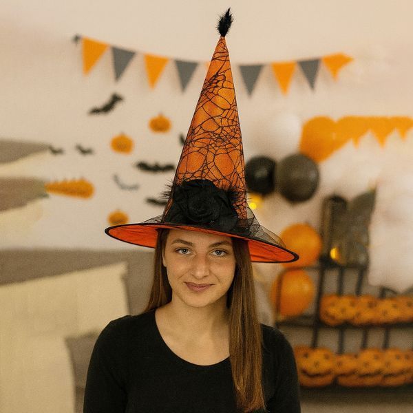 Ковпак відьми з чорною трояндою 50х48см, Фіолетовий / Капелюх відьми / Костюм на Хеллоуїн / Капелюх для відьми 234581103 фото