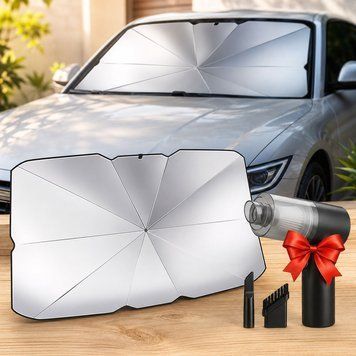 Зонтик на лобовое стекло в авто 120х70см + Автомобильный пылесос Vacuum cleaner / Автомобильный светоотражающий зонтик-шторка от солнца 234566494 фото