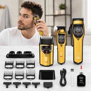Набор для стрижки волос 3в1, 11 насадок, от USB, Kemei KM-8567, Золотистый / Набор для барбера / Машинка для стрижки 234595962 фото