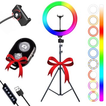 Кільцева RGB лампа 26 см, MJ260 Soft Ring Light + Подарунок Штатив 0,66-2 м + Селфі пульт / Світлодіодна лампа для селфі 234562091(связка) фото