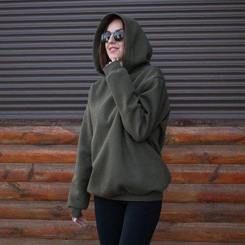Худі з капюшоном на флісі (XS-2XL) Унісекс, Хакі / Теплий оверсайз світшот / Толстовка з начосом, XS 234564416 фото