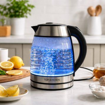 Електричний чайник з підсвіткою 2 л, 2400 Вт, Top Kitchen TK 00239 / Скляний електрочайник / Дисковий чайник для дому 234592429 фото