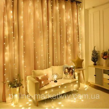 Гирлянда Штора, от сети, 2х2м, 160 led, Xmas, Теплый белый / Гирлянда водопад / Новогодняя гирлянда на окно 23457240403 фото