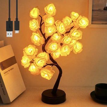 Настільний світильник Дерево з трояндами 24LED, від USB та батарейок, Жовтий / Світлодіодний світильник декоративний 234574718 фото