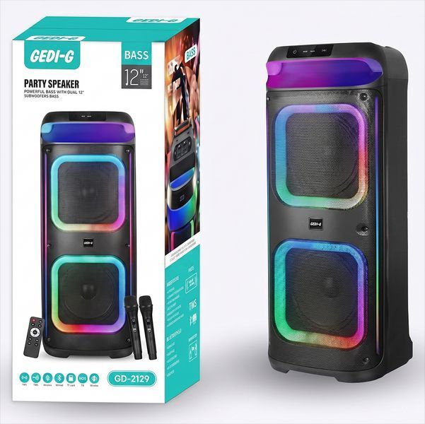 Акустическая переносная колонка 2х12" + 2 микрофона, FM, USB, AUX, RGB, GD-2129, Черная/Bluetooth колонка/Беспроводная колонка 234593001 фото