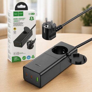 Мережевий подовжувач, 4000Вт, 1 USB, 2 Type-C, Hoco NS4, Чорний / Електрична переноска / Мережевий фільтр 234596142 фото