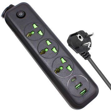 Мережевий фільтр 2м, 2500Вт, 3х220Вт, 2хUSB, 1хType-C / Подовжувач з вимикачем / Переноска-розетка 234580439 фото