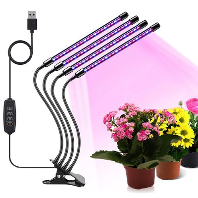 Гнучка фітолампа для рослин на 4 гілки, від USB, 40 Вт / Ультрафіолетова лампа для вирощування рослин / Настільна фітолампа з таймером  234572120 фото