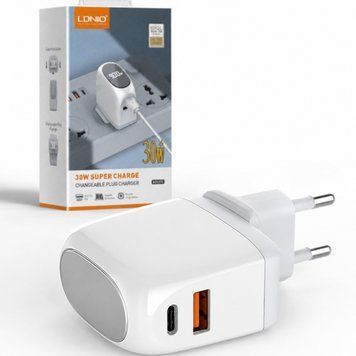 Блок для зарядки з дисплеєм та кабелем, 30Вт, USB, Type-C, Ldnio A2522C, Білий / Мережевий зарядний пристрій / Швидка зарядка 234596148 фото
