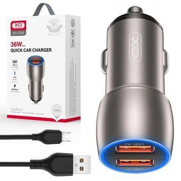 Автомобільний зарядний пристрій з кабелем Micro, 2 USB, QC3,0 (36W), XO CC52 Metal Smart Dual, Сірий / Авто адаптер для телефону 234589567 фото