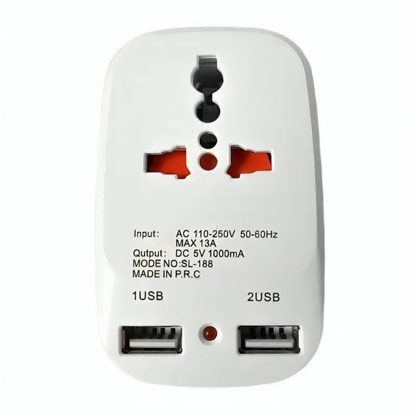 Универсальный переходник для розеток (EU-US-UK-CN-JP-IN), 2хUSB, Adaptor 823, Белый / Сетевой тройник / Туристический тройник 234574160 фото