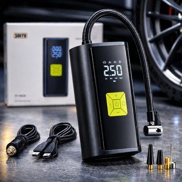 Акумуляторний компресор 150PSI, 6000mAh, 12V, USB-C, LCD, ST-9620B, Чорний / Портативний безпровідний компресор для шин 234585857 фото