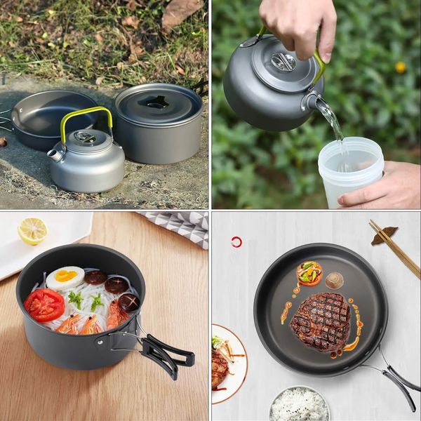 Алюминиевый кемпинговый набор посуды 3в1, Cooking Set DS-308 / Туристическая посуда (чайник, кастрюля, сковорода) 234565353 фото