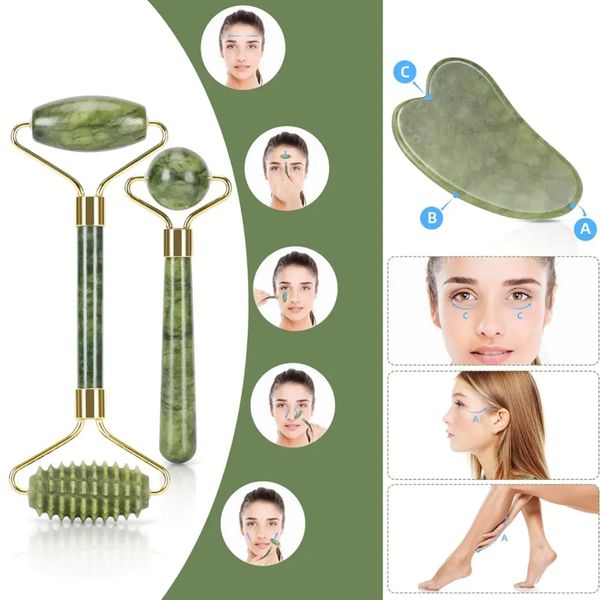 Нефритовый набор для массажа лица ( два ролика Ёжик + Гладкий, Скребок Гуаша ) / Массажер для подтяжки лица 234568784 фото