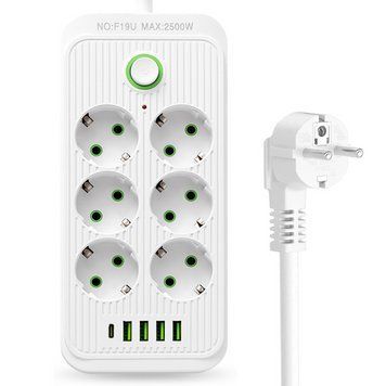 Мережевий фільтр подовжувач 3м, 2500Вт, 6&times;220В+4&times;USB+1&times;Type-C, QL-1075U / Універсальна переноска-подовжувач 234575592 фото