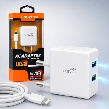 Зарядний пристрій 2xUSB та кабель Lightning, 220V, LDNIO, Білий / Адаптер для заряджання телефону / Зарядка для мобільного 234594163 фото