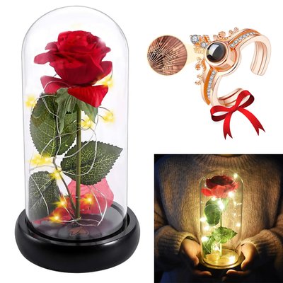 Троянда в колбі з LED підсвічуванням + Подарунок Обручка з проекцією "I love you" / Вічна троянда 123458328(цей артикул вірний) фото