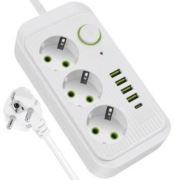 Мережевий фільтр 2500Вт, 5м, 3&times;220В + 4&times;USB + 1&times;Type-C, Білий / Подовжувач з USB / Переноска розетка 234572866 фото