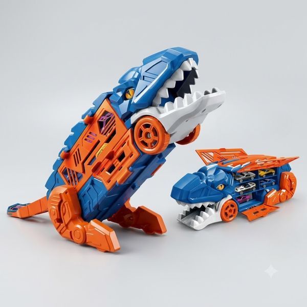 Автотрек динозавр для детей 2в1, 12 машинок, T-Rex, Синий / Игровой набор для детей / Интерактивная детская игрушка 234598446 фото