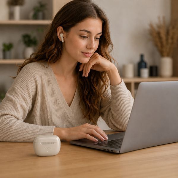 Беспроводные наушники Bluetooth 5.4, USB Type-C, Hoco EQ24, Бежевые / Наушники блютуз / Вакуумные наушники / Наушники с кейсом 234636612 фото
