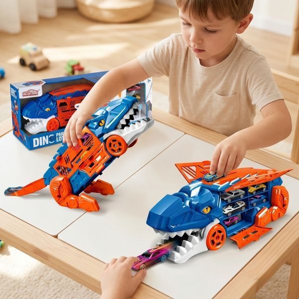 Автотрек динозавр для детей 2в1, 12 машинок, T-Rex, Синий / Игровой набор для детей / Интерактивная детская игрушка 234598446 фото