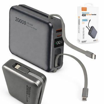 Повербанк 20000 мАч со встроенными кабелями Type-C+Lightning, USB+Type-C, Y245, Серый / Power Bank / Внешний АКБ для телефона 234590787 фото