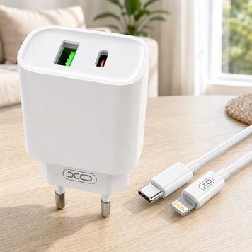 Мережевий зарядний пристрій PD20W/QC18W із швидкою зарядкою та кабелем Lightning, XO CE02A, Білий / Блок живлення для телефону 234594811 фото