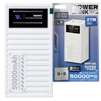 Павербанк 50000mAh с ремешком 27W, 22,5W, 5 портов, LED, Type-C, USB-A, Remax RPP-161, Белый/Повербанк с быстрой зарядкой 234595137 фото