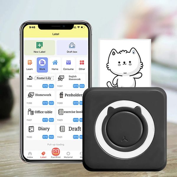 Кишеньковий міні принтер з Bluetooth + рулон термопаперу, Чорний / Дитячий термопринтер для фото / Портативний міні принтер для телефону 234568601 фото