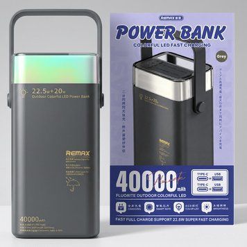 Павербанк 40000mAh, RGB підсвітка 7 кольорів, 22,5W, 20W, 4 порти, Remax RPP-596, Сірий / Повербанк для кемпінгу, подорожей / УМБ 234595139 фото