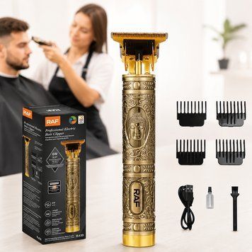 Аккумуляторная машинка для стрижки, 4 насадки, 5 Вт, USB, RAF R430, Золотистая / Беспроводной триммер для волос / Мужской триммер 234594763 фото