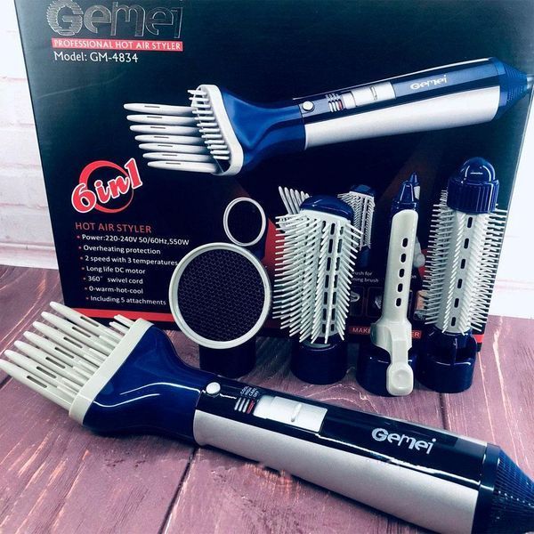 Профессиональный фен с насадками для сушки волос Gemei GM 4834 6в1 / Фен-стайлер 234561429 фото