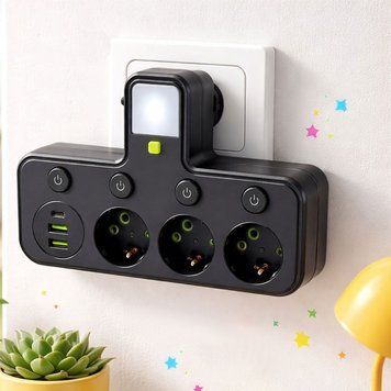 Сетевой фильтр на 3 розетки (2хUSB+Type-C), 2500Вт, с подсветкой, J24U / Тройник в розетку / Сетевой разветвитель 234573763 фото