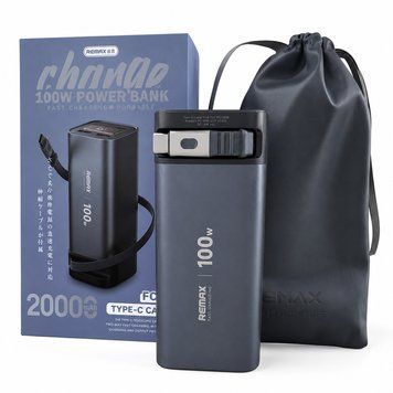 Павербанк 20000mAh, 100W, PD, QC, вбудований кабель Type-C 70см, LED, Remax FC-22, Сірий / Повербанк з вбудованим кабелем 234595140 фото