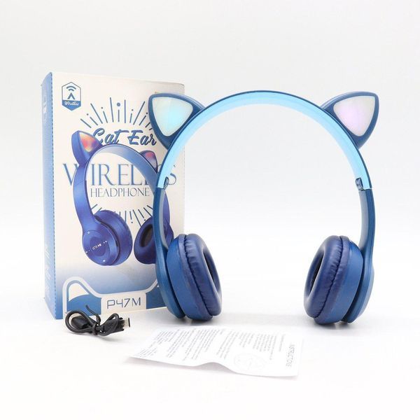 Беспроводные Bluetooth наушники с кошачьими ушками и подсветкой Cat Miu Star P47 Синие / Детские наушники 23456529101 фото Беспроводные Bluetooth наушники с кошачьими ушками и подсветкой Cat Miu Star P47 Синие / Детские наушники 23456529101 фото